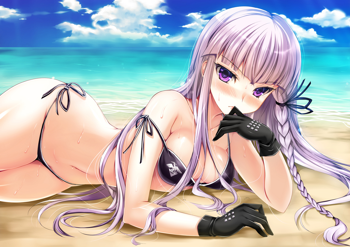 beach, bikini, blush, clouds, dangan-ronpa, gloves, kirigiri_kyouko, long_hair, ninoko, purple_eyes, purple_hair, sky, swimsuit, water