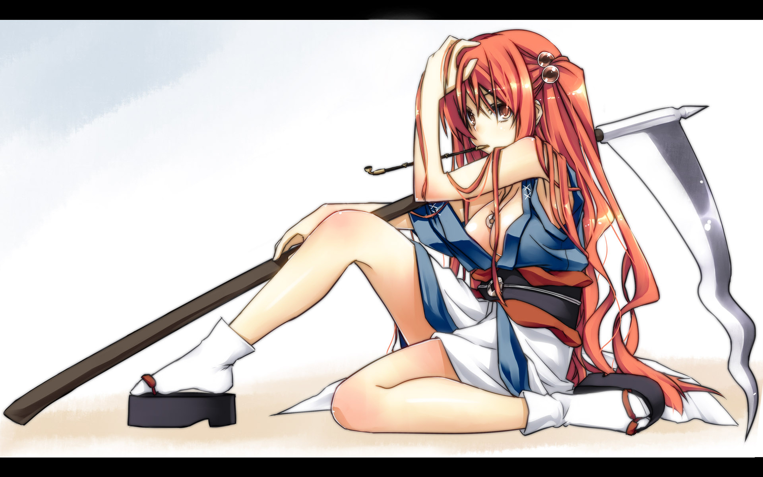 breasts, cleavage, japanese_clothes, jpeg_artifacts, onozuka_komachi, scythe, touhou, weapon, yuuki_eishi