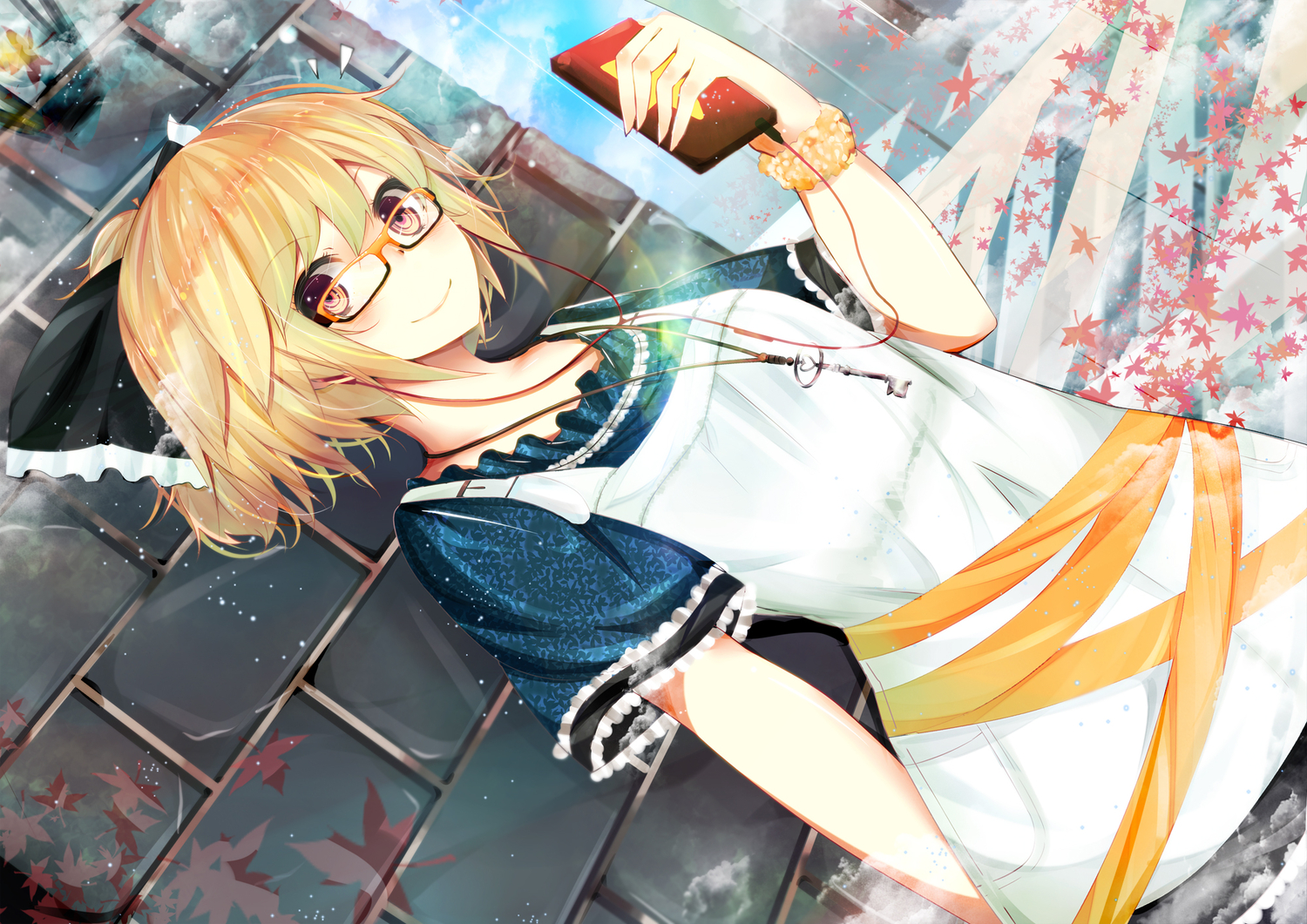 benio_(dontsugel), blonde_hair, bow, dress, glasses, headphones, kurodani_yamame, necklace