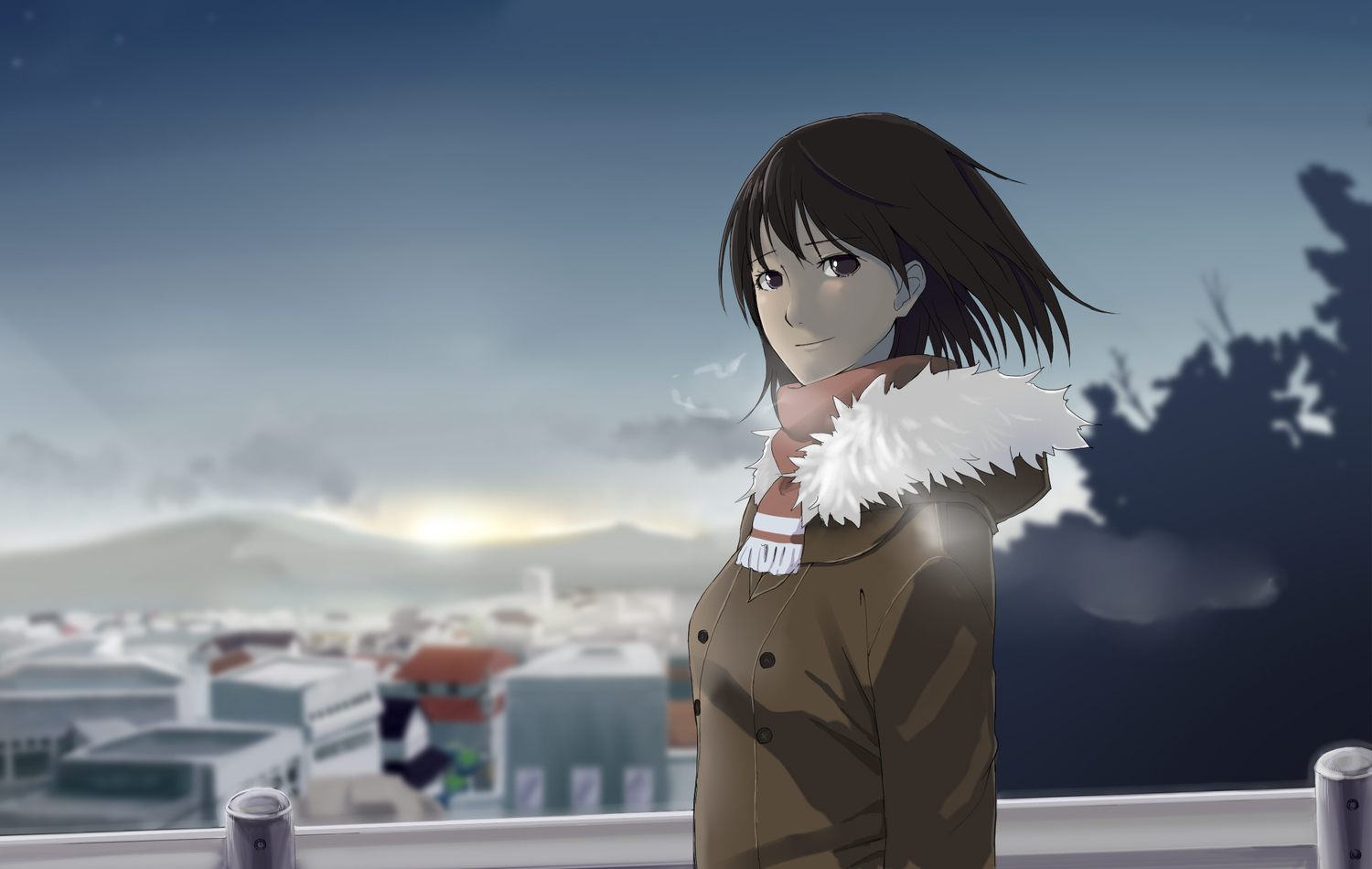 brown_hair, kiyoshi_hara, original, purple_eyes, scarf, short_hair