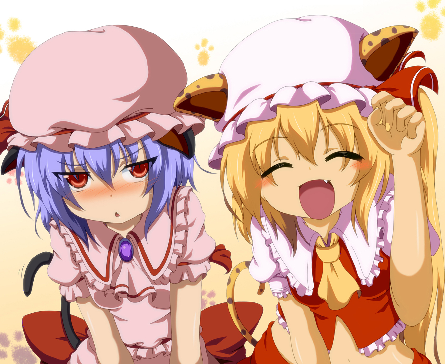 2girls, animal_ears, catgirl, dr._cryptoso, flandre_scarlet, remilia_scarlet, tagme, touhou