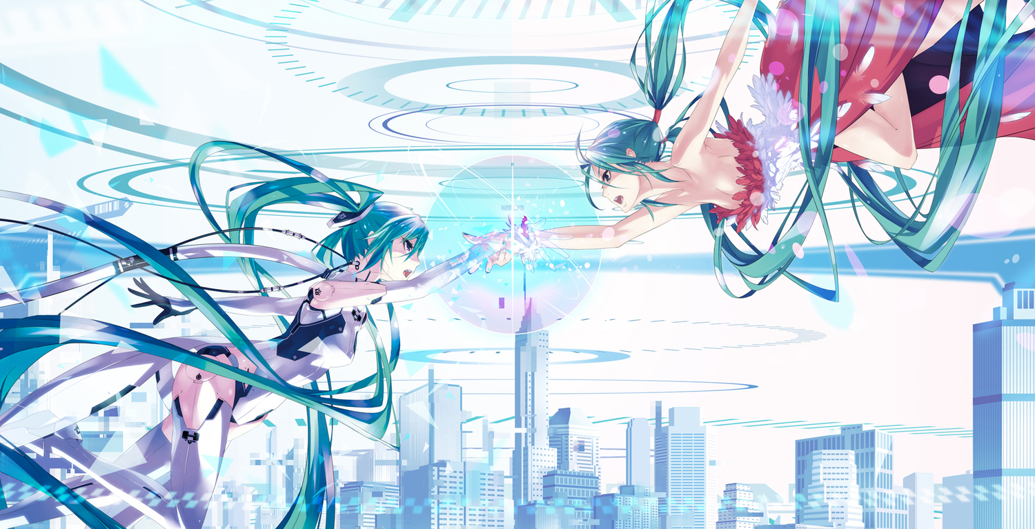aqua_hair, breasts, building, cleavage, dress, elbow_gloves, gloves, hatsune_miku