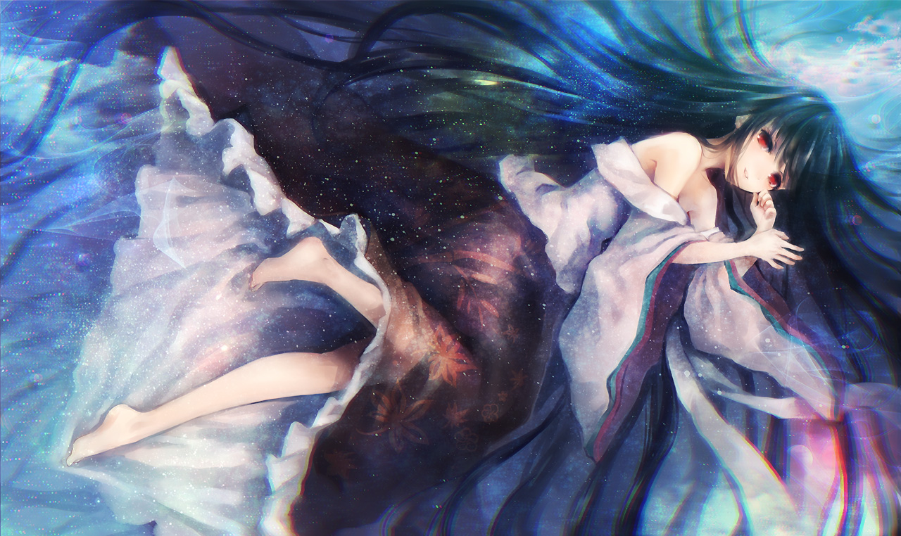 barefoot, black_hair, houraisan_kaguya, long_hair, red_eyes, skirt, torii_sumi, touhou
