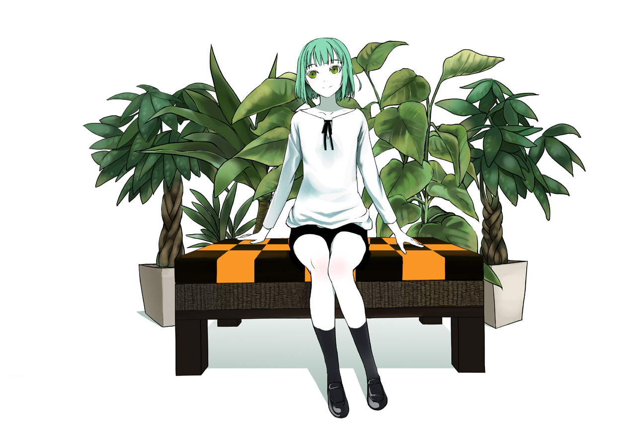 green_eyes, green_hair, katase_yuu, leaves, original, short_hair, white