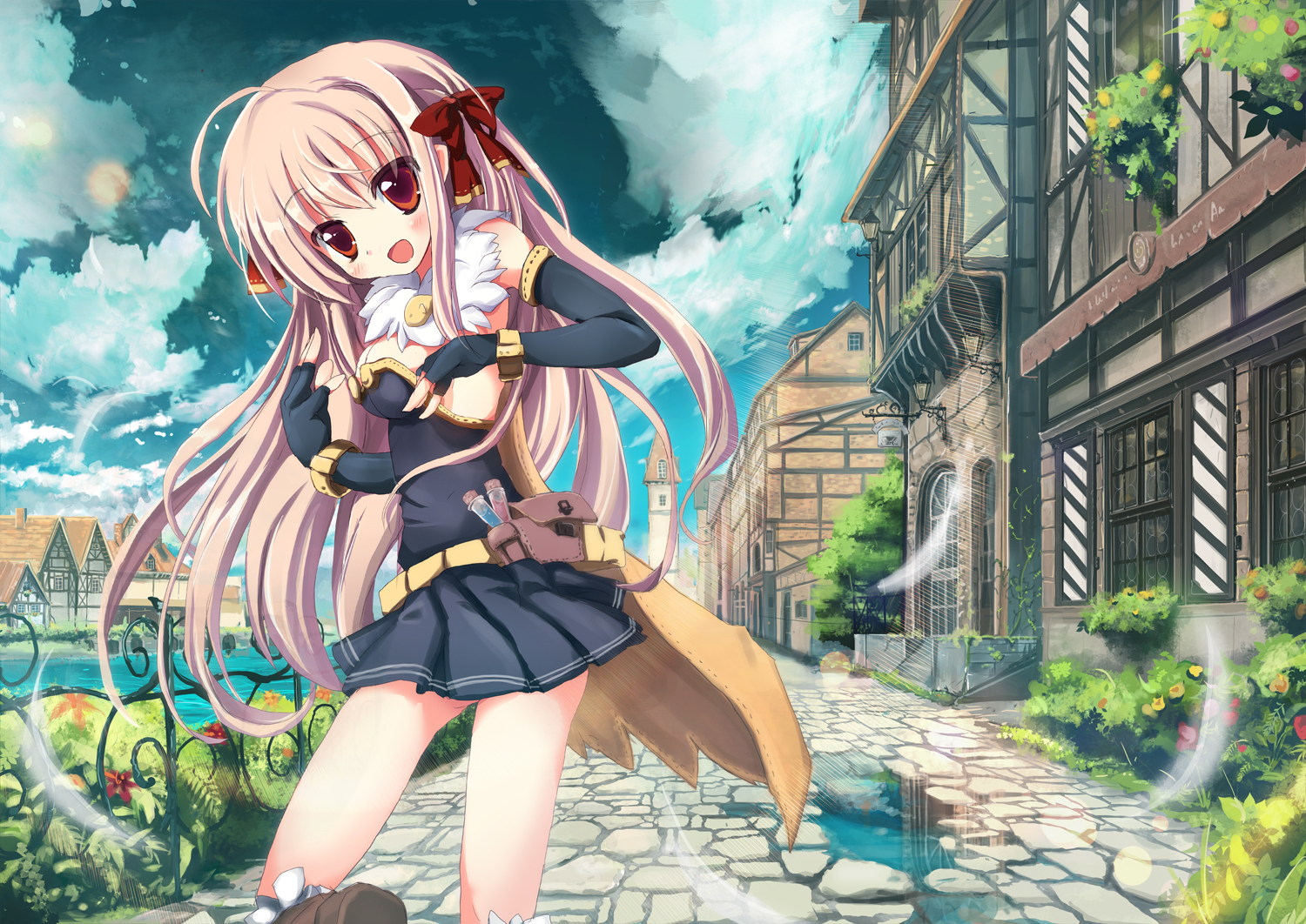 feathers, long_hair, pink_hair, ragnarok_online, red_eyes, ribbons, skirt, ura