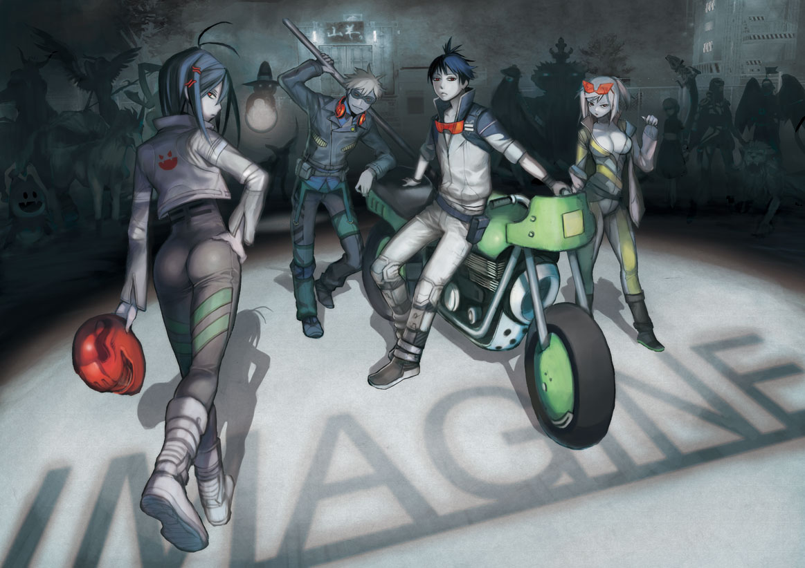 altus, bodysuit, group, jpeg_artifacts, kodama_yuuki, motorcycle, shin_megami_tensei, skintight, sunglasses, weapon