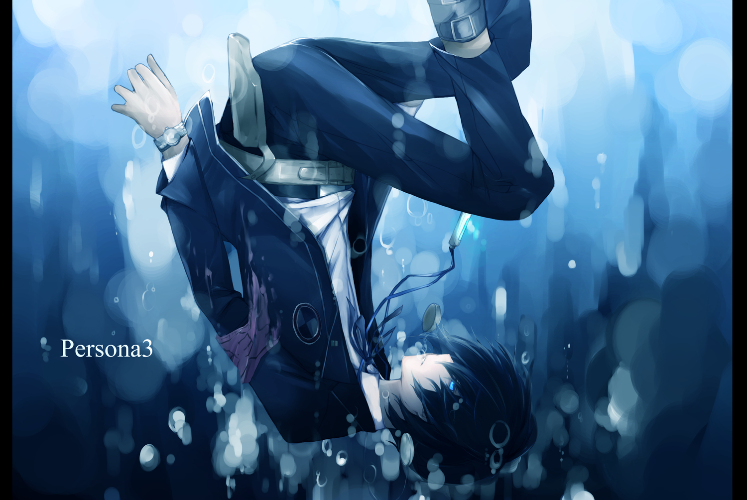 all_male, arisato_minato, black_hair, blue_eyes, bubbles, male, persona, persona_3, school_uniform, short_hair, takka, torn_clothes, underwater, water