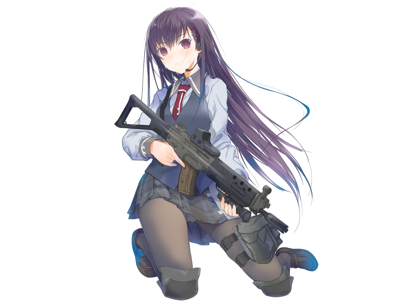 black_hair, fuyuno_haruaki, gun, long_hair, original, panties, pantyhose, school_uniform