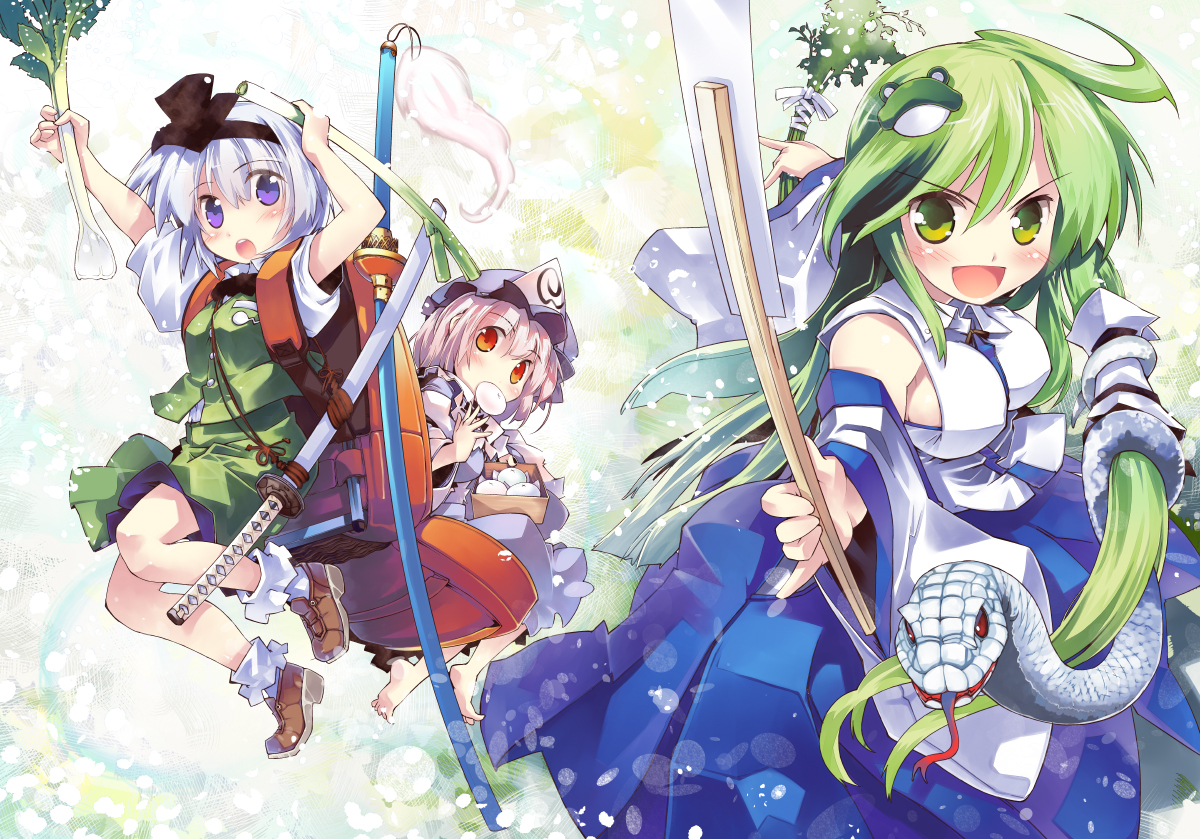 animal, barefoot, blush, food, gray_hair, green_eyes, green_hair, hat, japanese_clothes, katana, kochiya_sanae, konpaku_youmu, leek, long_hair, miko, nanaroku_(fortress76), pink_hair, purple_eyes, saigyouji_yuyuko, short_hair, skirt, snake, sword, touhou, weapon, yellow_eyes