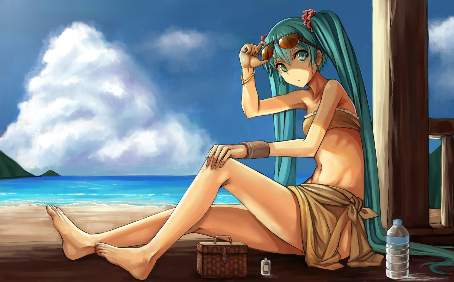 aqua_eyes, aqua_hair, beach, hatsune_miku, long_hair, mokyu_(kukoudesu), sunglasses, twintails, vocaloid