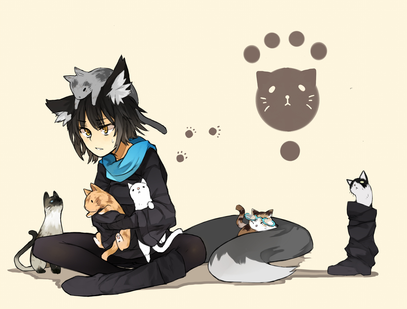 animal, animal_ears, black_hair, boots, cat, foxgirl, ganesagi, glasses