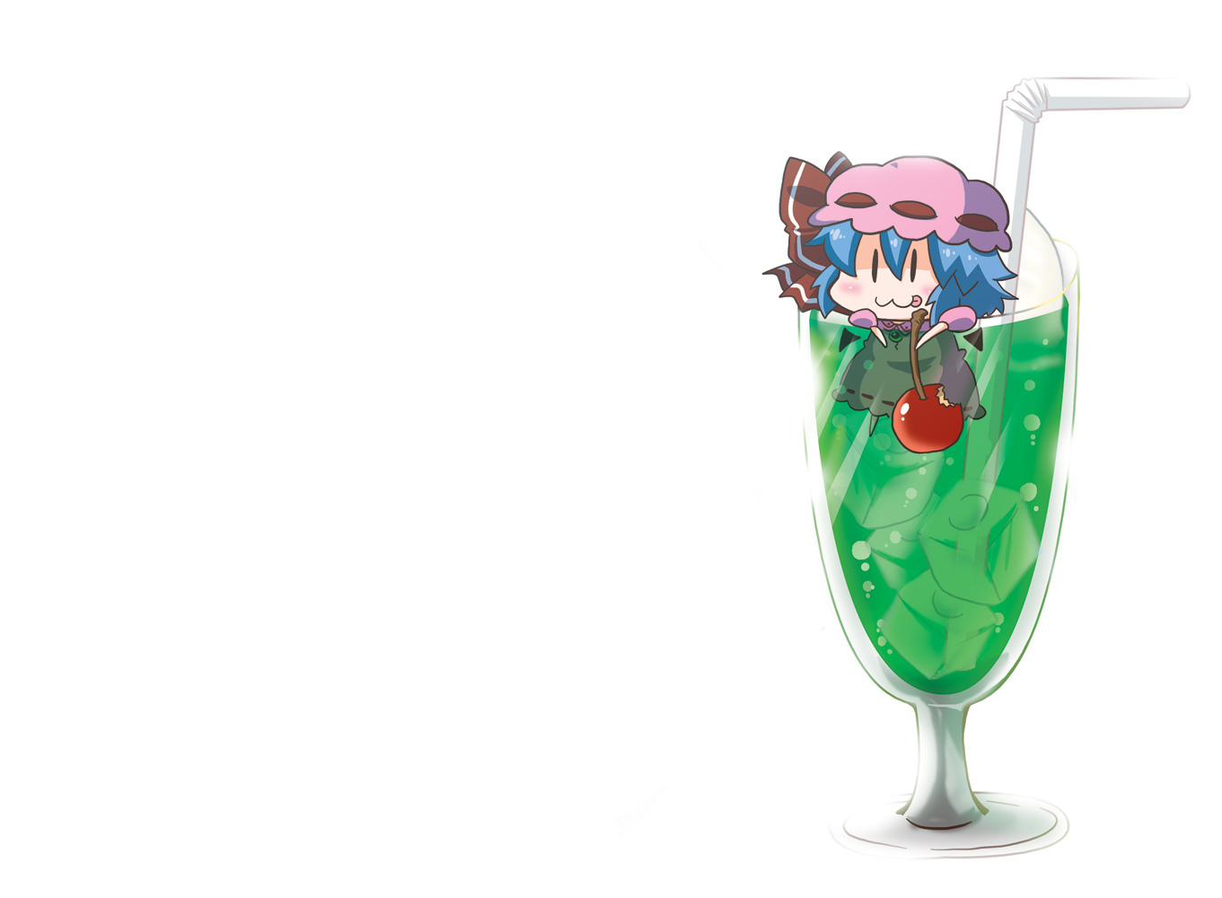 blue_hair, cat_smile, cherry, chibi, drink, food, fruit, hat, noai_nioshi, remilia_scarlet, touhou, vampire, white, wings
