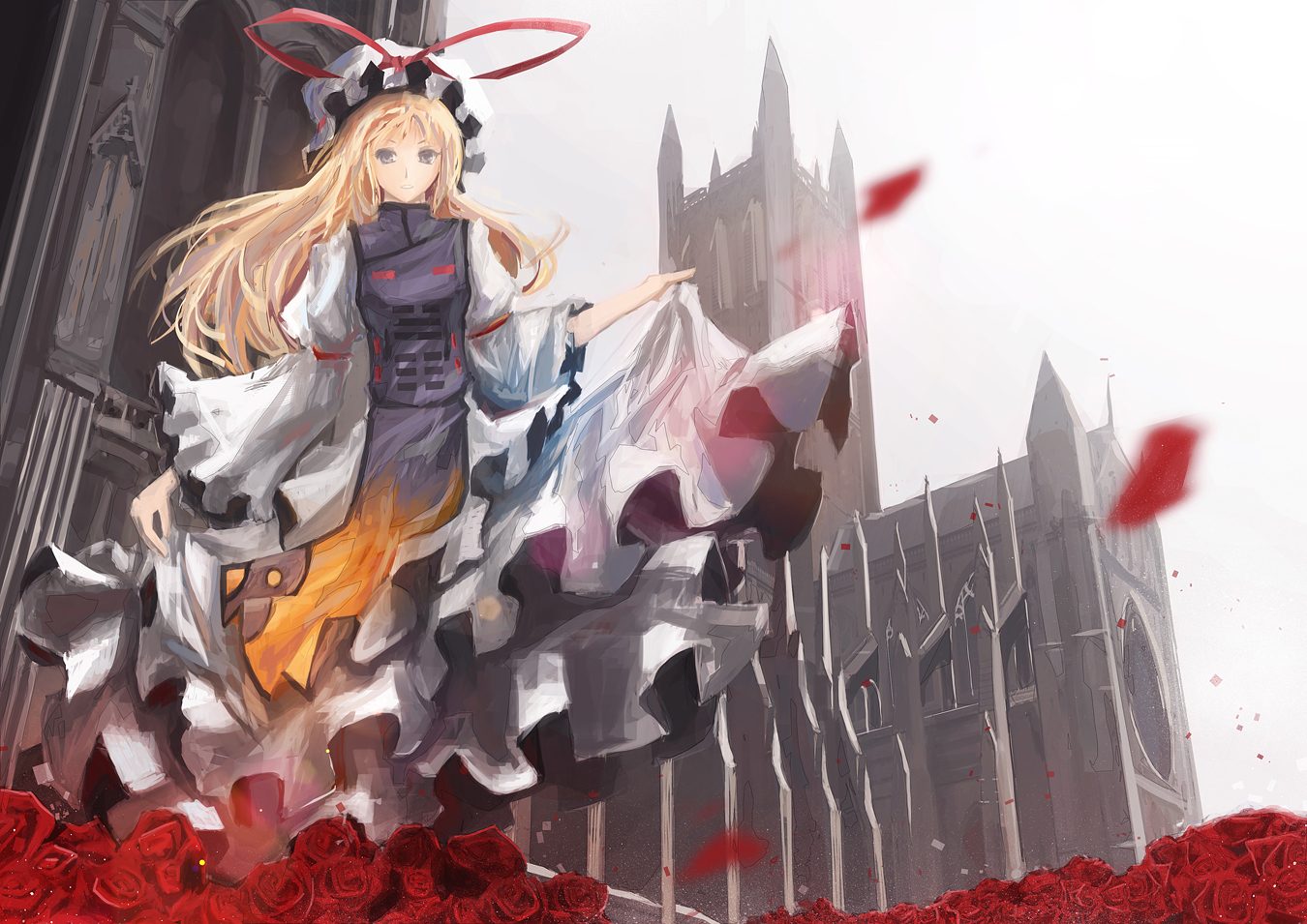 arufa_(hourai-sugar), blonde_hair, building, dress, flowers, gray_eyes, long_hair, ribbons