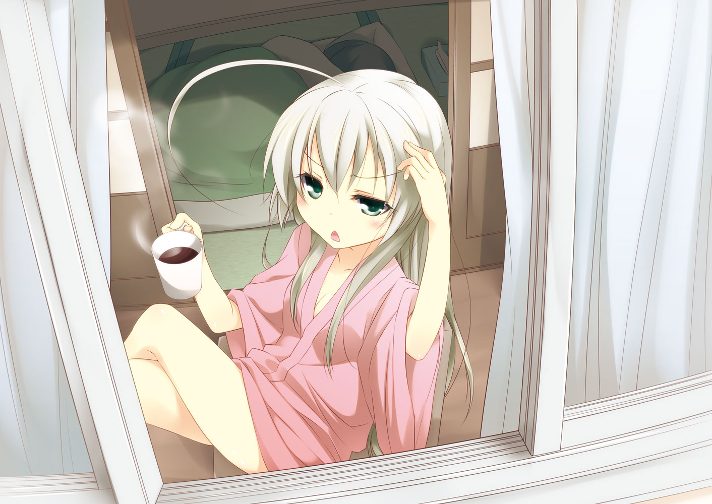 drink, gray_hair, green_eyes, haiyore!_nyaruko-san, jpeg_artifacts, long_hair, nyaruko, yume_no_owari