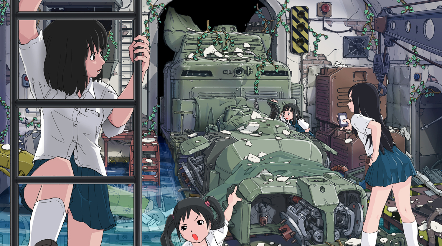 industrial, kneehighs, original, phone, robot, ruins, school_uniform, sukabu