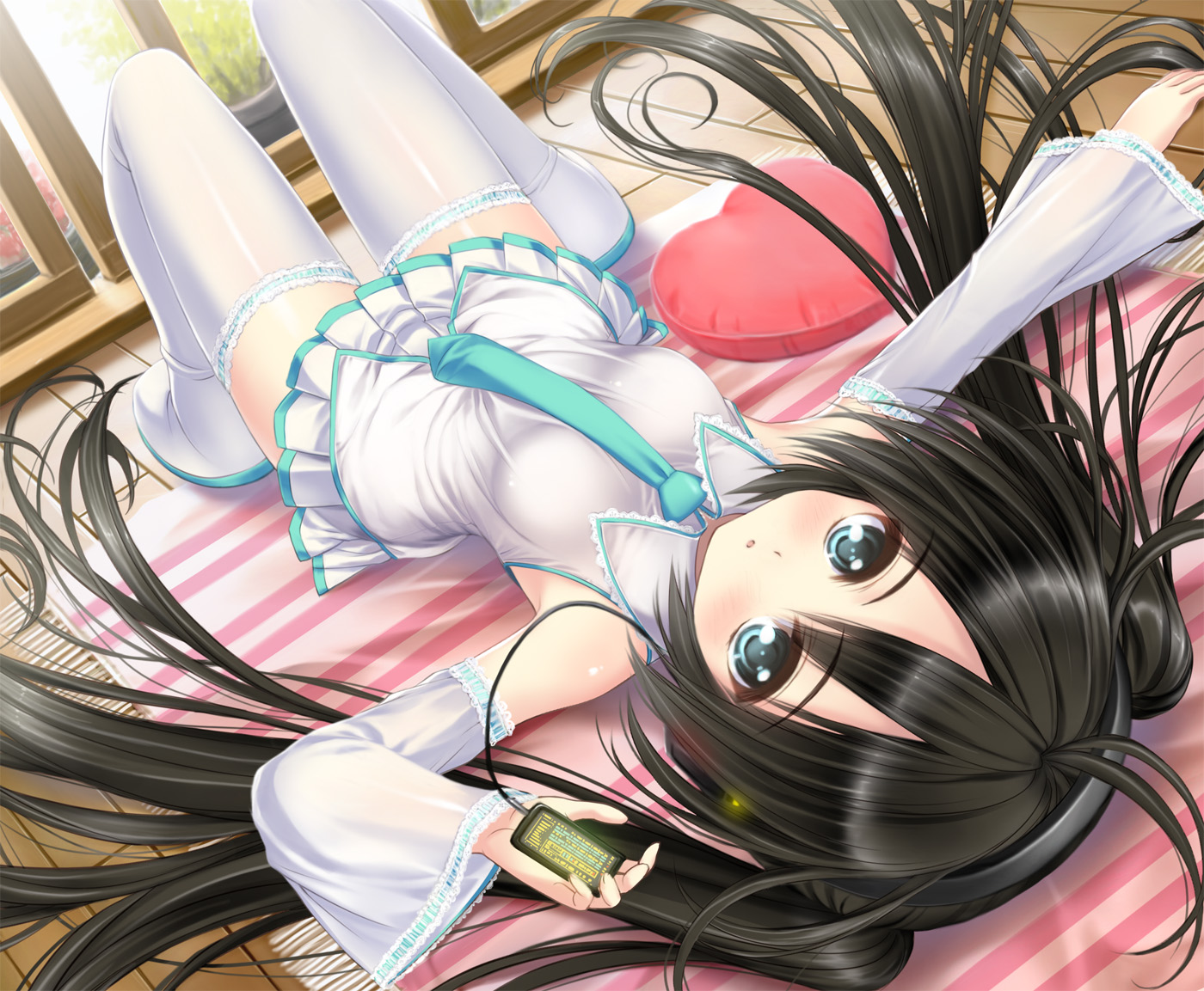 black_hair, blue_eyes, erinngi, hatsune_miku, headphones, long_hair, thighhighs, tie, twintails, vocaloid