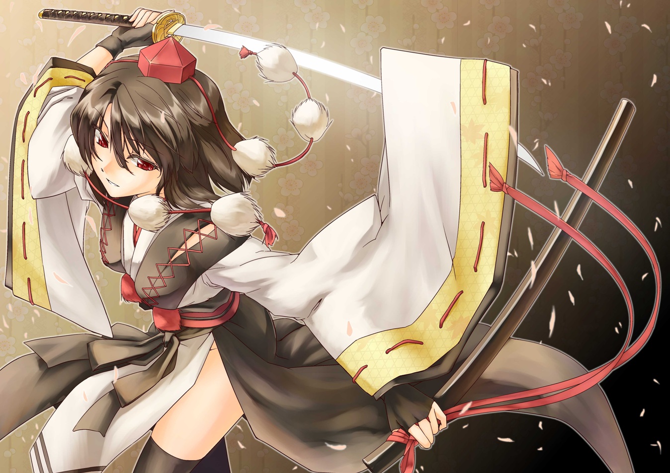 abo_(hechouchou), brown_hair, gloves, hat, japanese_clothes, katana, red_eyes, shameimaru_aya, short_hair, sword, thighhighs, touhou, weapon