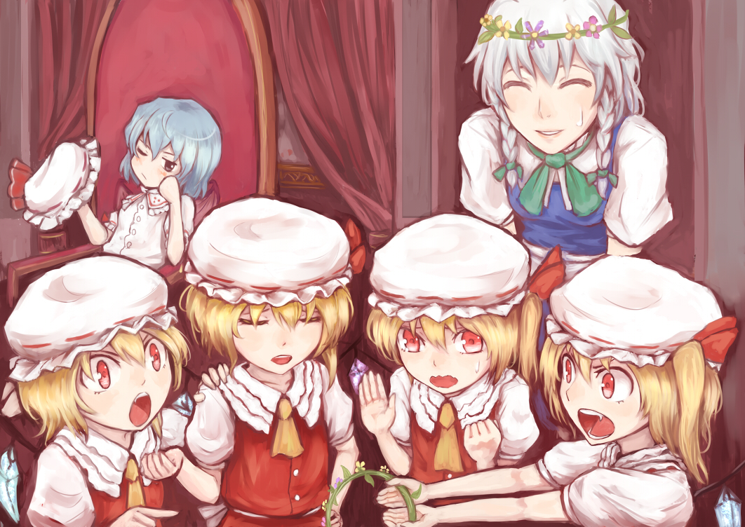 black_eyes, blonde_hair, blue_hair, braids, fang, flandre_scarlet, gray_hair, group, hat, izayoi_sakuya, kouzilow, maid, ponytail, red_eyes, remilia_scarlet, short_hair, touhou, vampire, wings