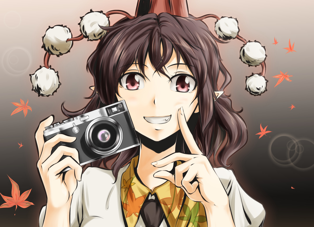brown_hair, camera, close, hat, leaves, noise-111, pink_eyes, pointed_ears