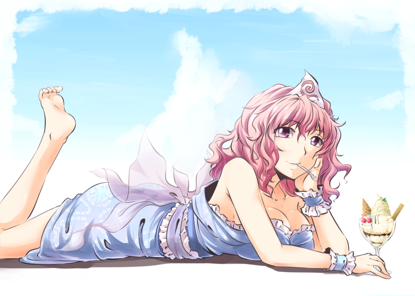 breasts, cleavage, food, ice_cream, noise-111, pink_hair, purple_eyes, saigyouji_yuyuko