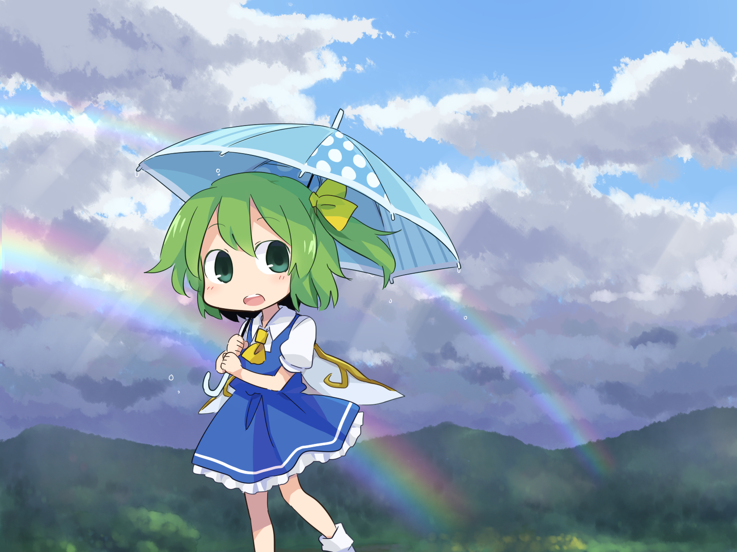 clouds, daiyousei, dress, fairy, green_eyes, green_hair, rainbow, short_hair