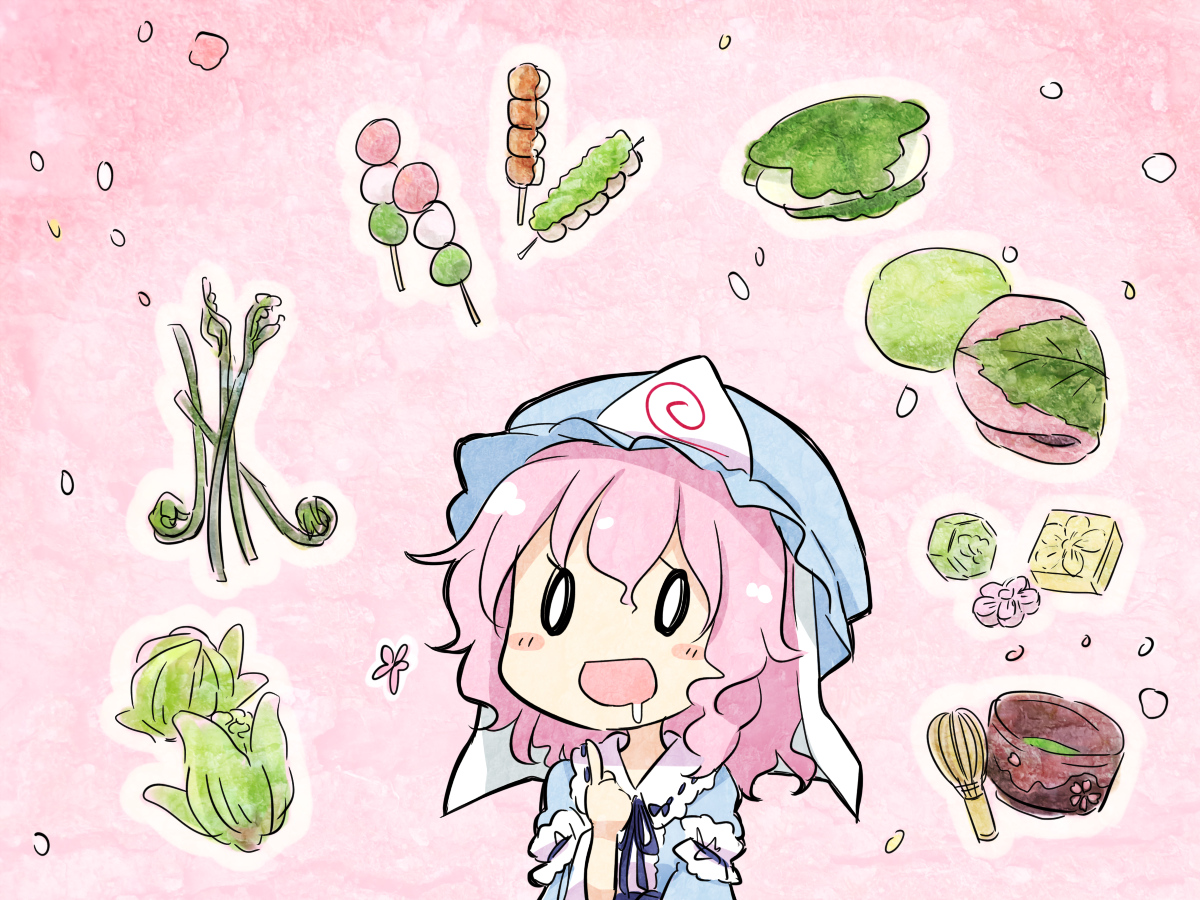 chibi, food, hat, pink, pink_hair, saigyouji_yuyuko, touhou, yamabuki_(yusuraume)