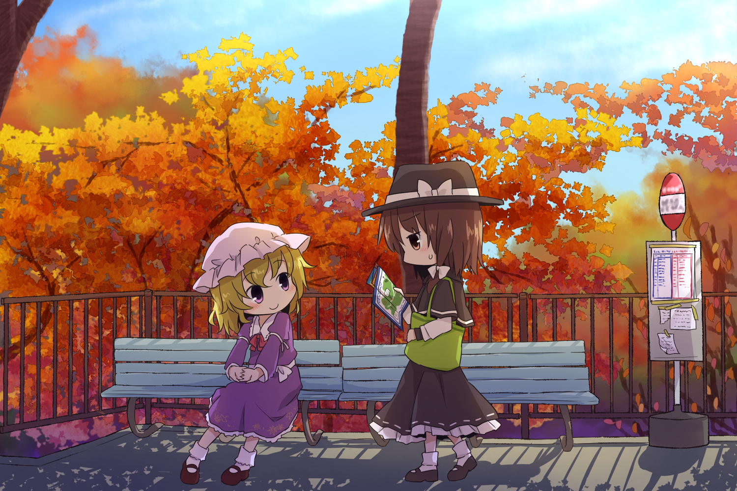 2girls, autumn, blonde_hair, blush, brown_eyes, brown_hair, chibi, leaves, maribel_han, purple_eyes, short_hair, touhou, tree, usami_renko, yamabuki_(yusuraume)