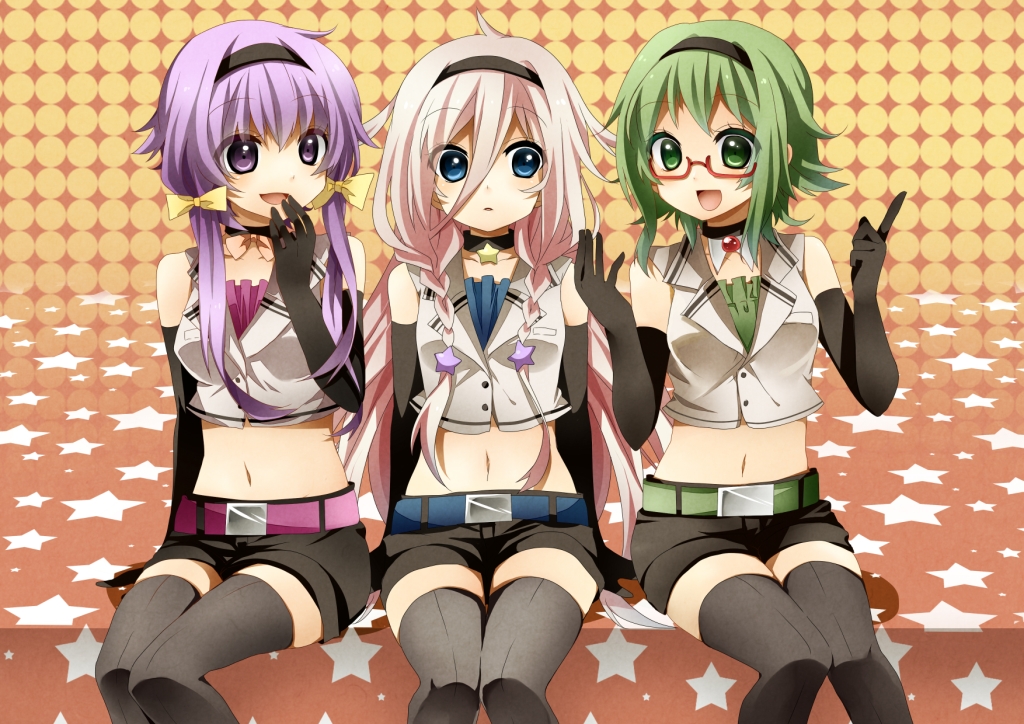 blue_eyes, braids, choker, glasses, green_eyes, green_hair, gumi, headband
