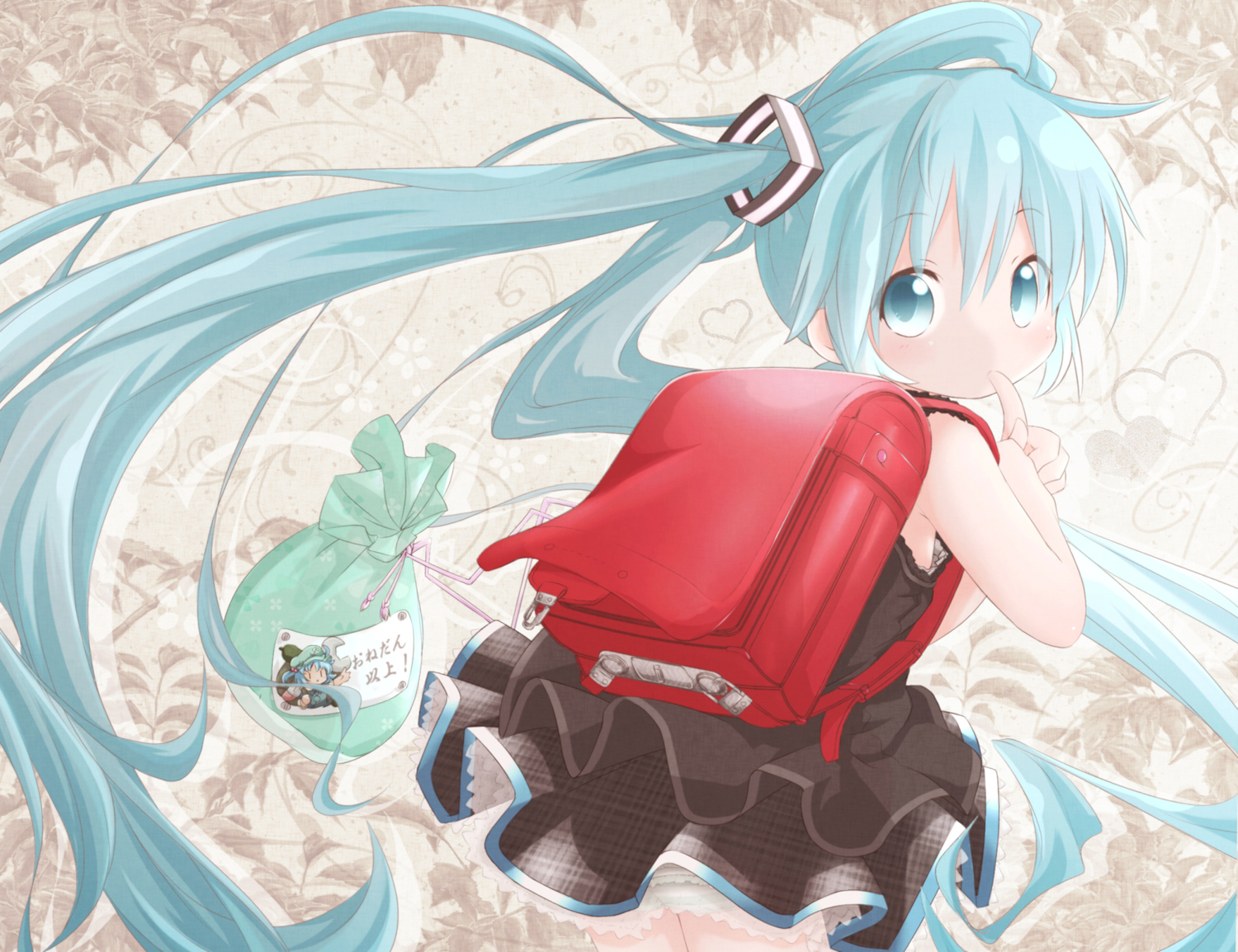 akino_coto, aqua_eyes, aqua_hair, hatsune_miku, kawashiro_nitori, loli, panties, skirt, striped_panties, touhou, twintails, underwear, vocaloid