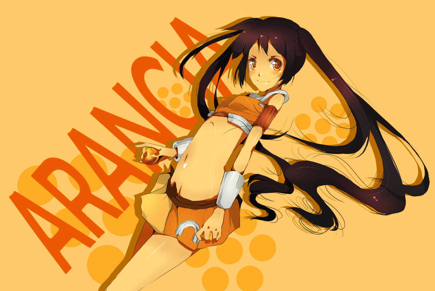 arancia, brown_hair, food, fruit, long_hair, orange, orange_eyes, original