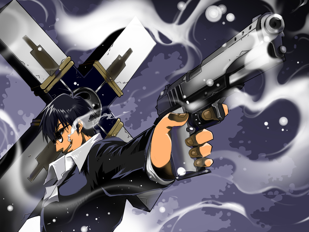 black_hair, brown_eyes, cigarette, cross, gun, nicholas_d_wolfwood, short_hair, smoking