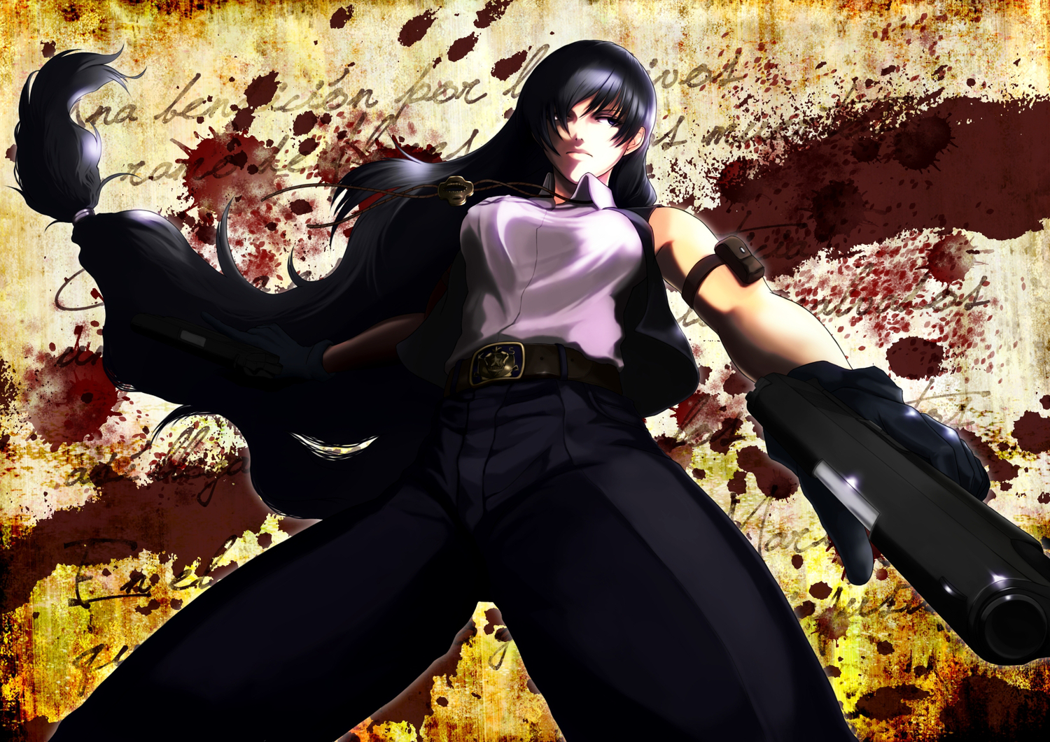black_lagoon, blood, din_(raiden), gloves, gun, long_hair, purple_eyes, purple_hair, roberta, weapon