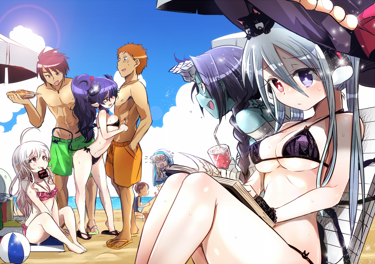 animal, barefoot, beach, bicolored_eyes, bikini, book, breasts, cat, cleavage, demon, horns, kamiya_zuzu, male, nun, original, pointed_ears, succubus, swimsuit, tail, umbrella, vampire, wings