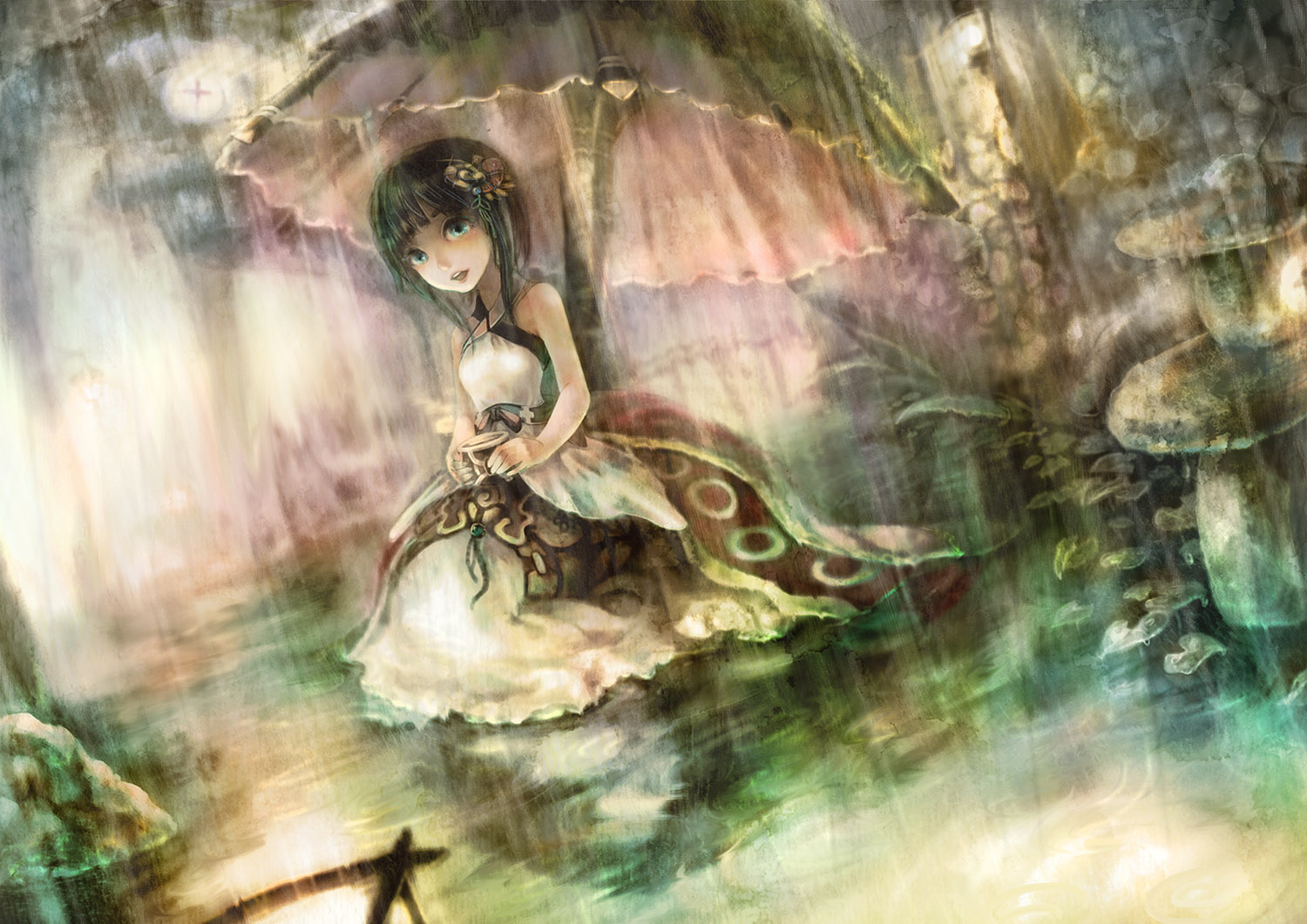 aqua_eyes, aqua_hair, dress, drink, iroai_midodo, original, rain, short_hair