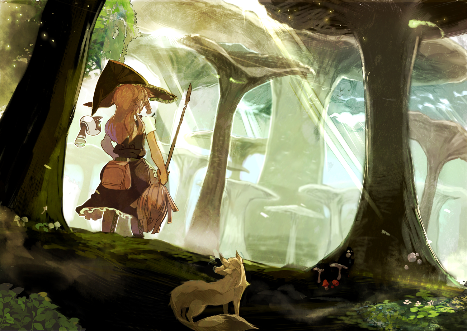 animal, blonde_hair, boots, flowers, fox, himuro, kirisame_marisa, leaves, long_hair, robot, touhou, tree, witch