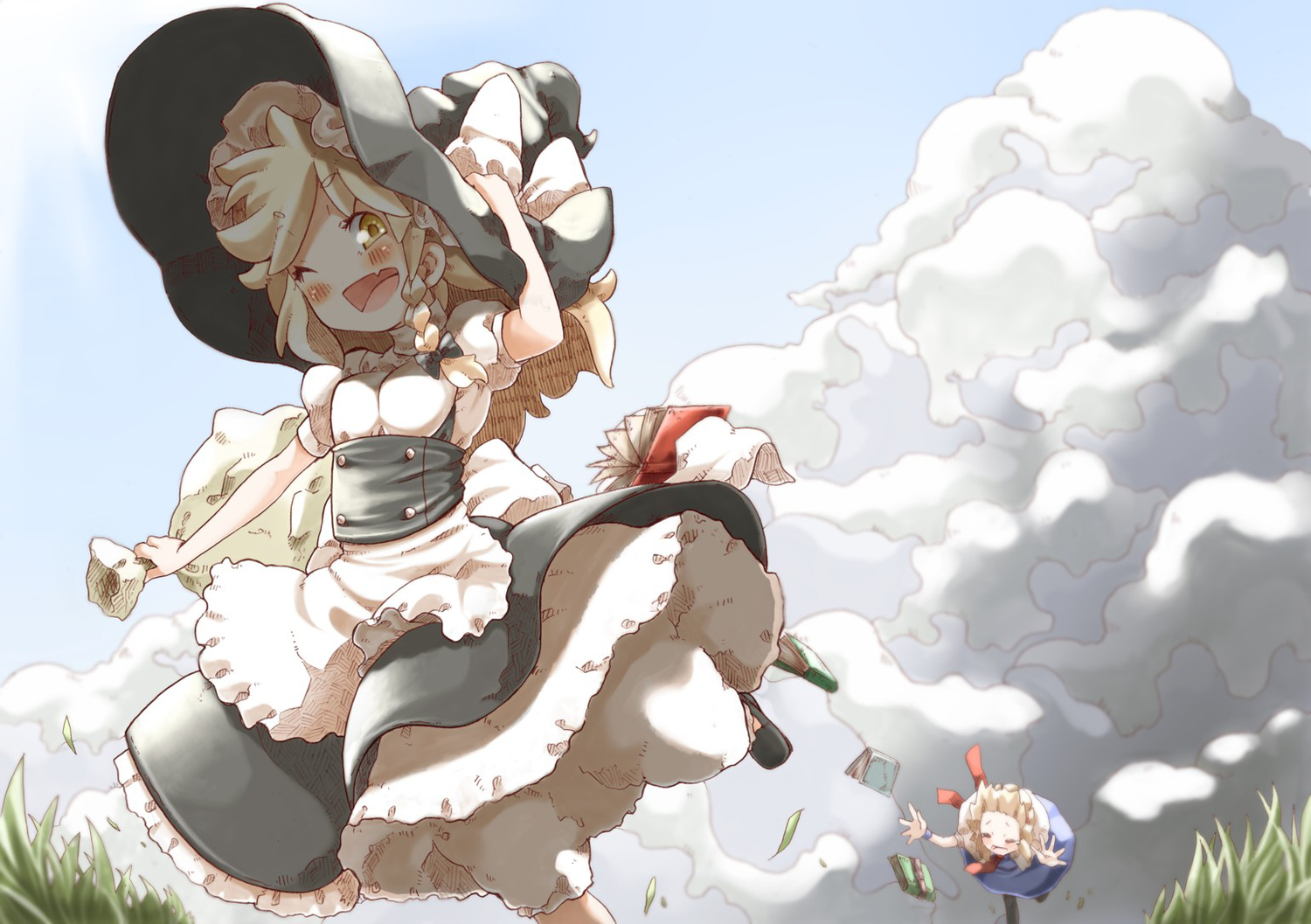 2girls, alice_margatroid, blonde_hair, bloomers, blush, book, bow, hat