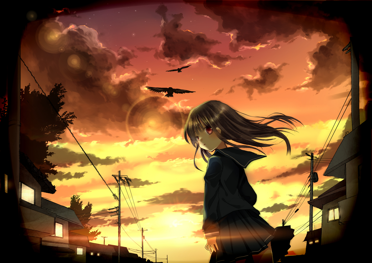 aiharafu, animal, bird, brown_hair, long_hair, original, red_eyes, school_uniform