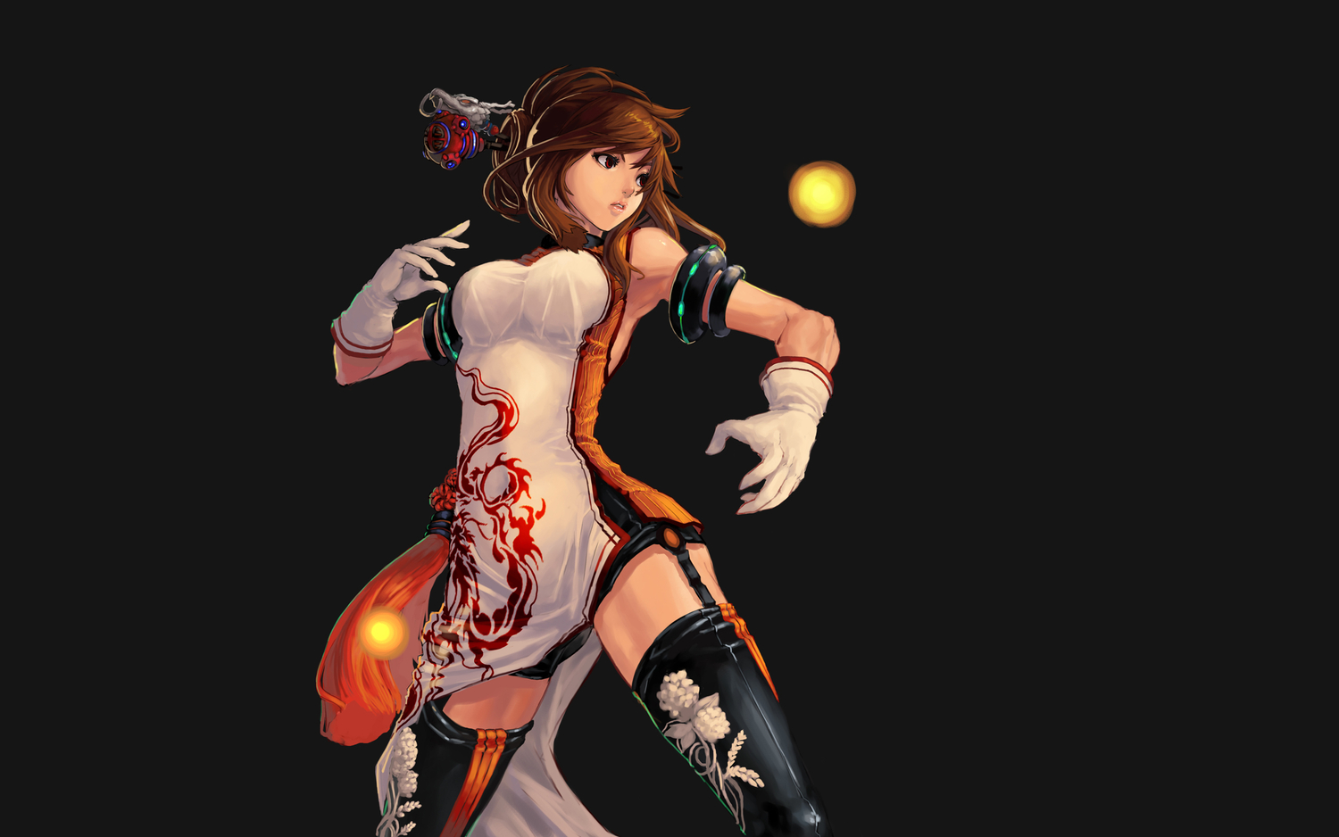 brown_eyes, brown_hair, chinese_clothes, dungeon_and_fighter, female_fighter_(dnf), garter, gloves, gray, qbspdl, red_eyes, short_hair, thighhighs