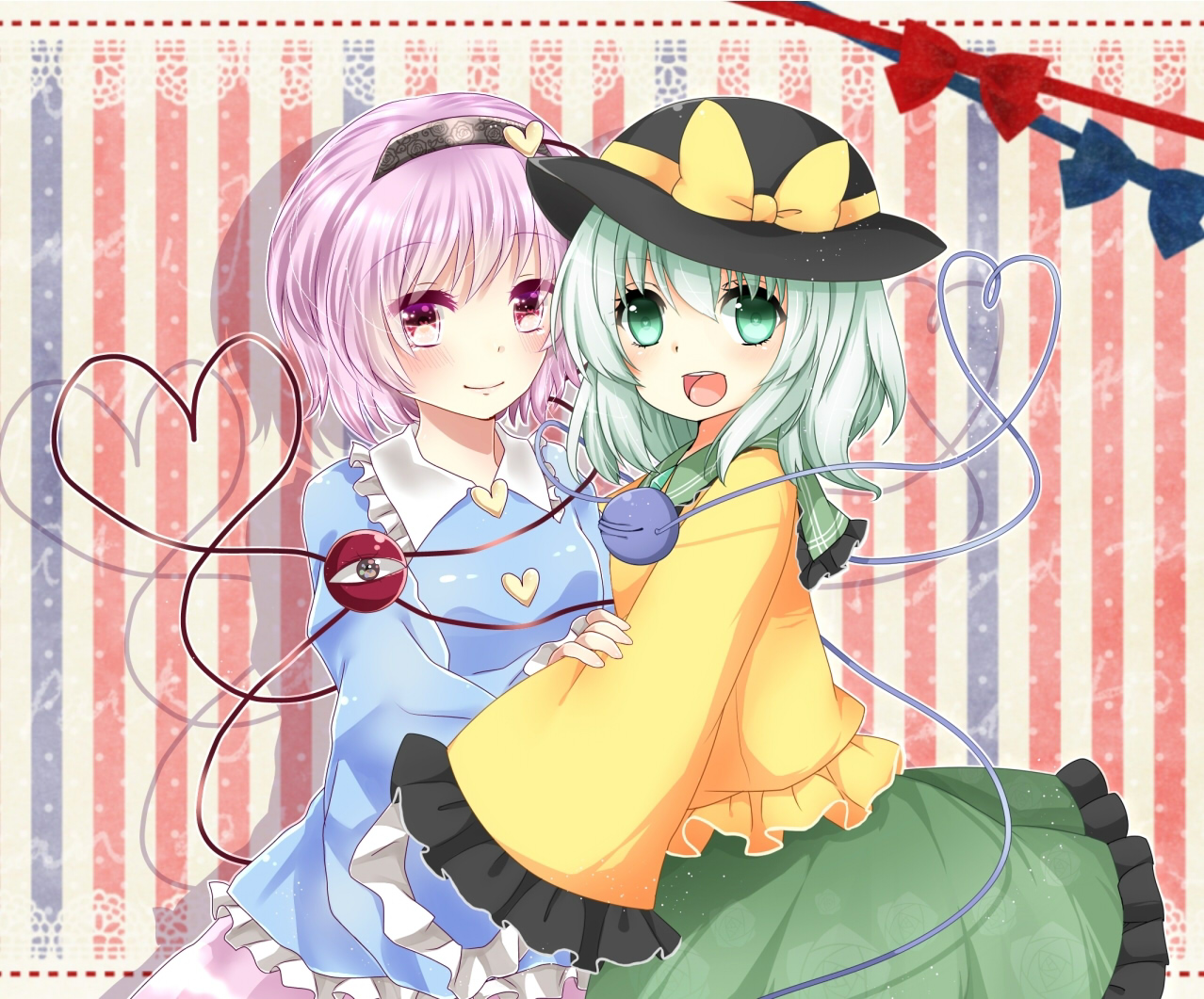 2girls, blush, bow, green_eyes, green_hair, hat, heart, komeiji_koishi, komeiji_satori, long_hair, pink_eyes, pink_hair, ribbons, short_hair, skirt, touhou, yuria_(kittyluv)