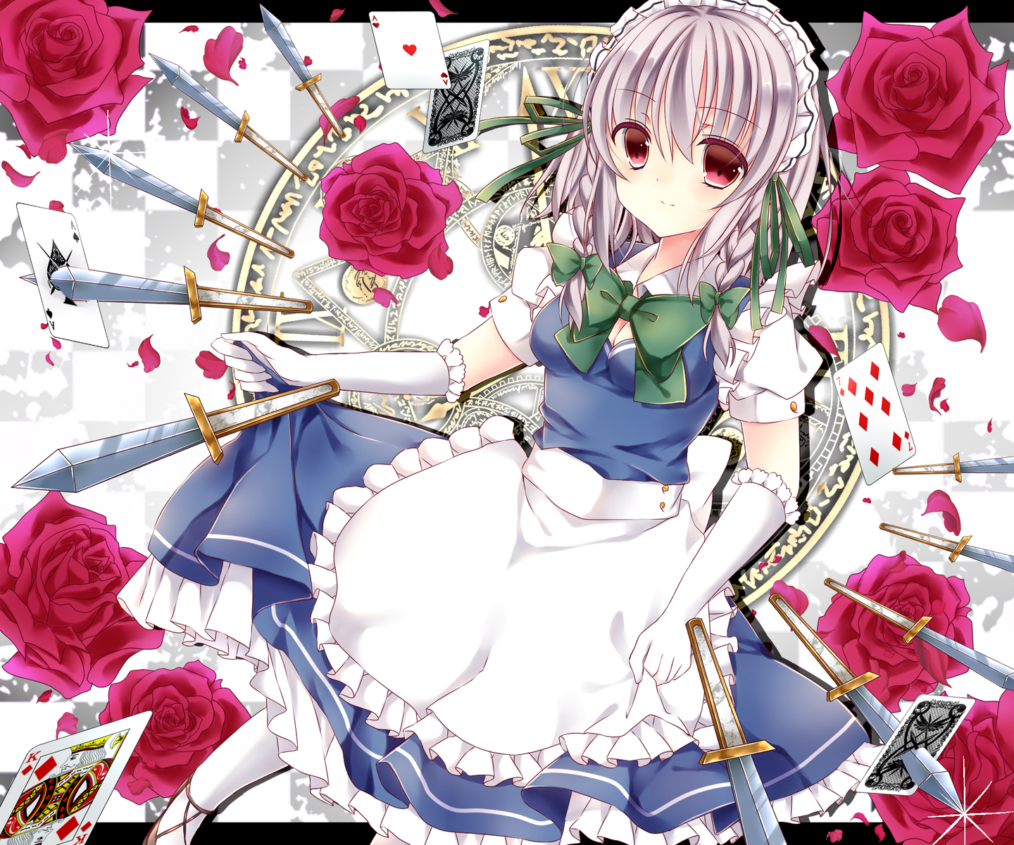 apron, bow, braids, breasts, cleavage, dress, elbow_gloves, flowers