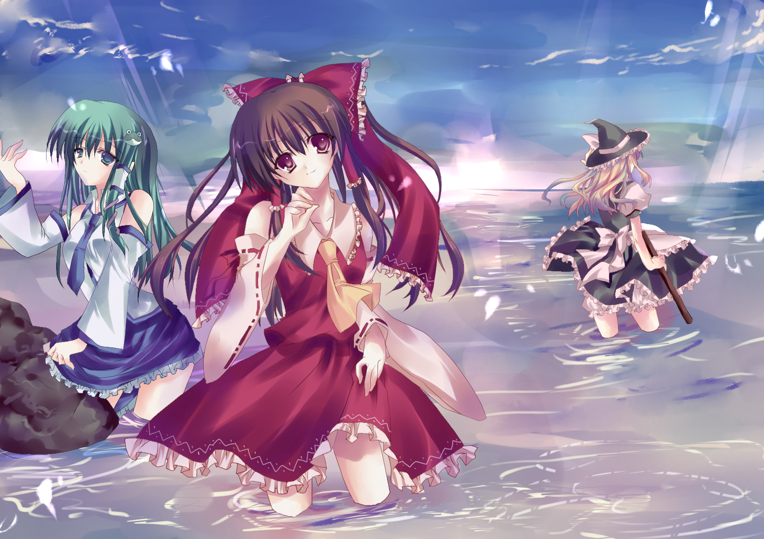 blonde_hair, bow, brown_hair, clouds, green_eyes, green_hair, hakurei_reimu, hat, japanese_clothes, kirisame_marisa, kiseri_momo, kochiya_sanae, long_hair, miko, red_eyes, skirt, sky, sunset, touhou, water, witch, witch_hat