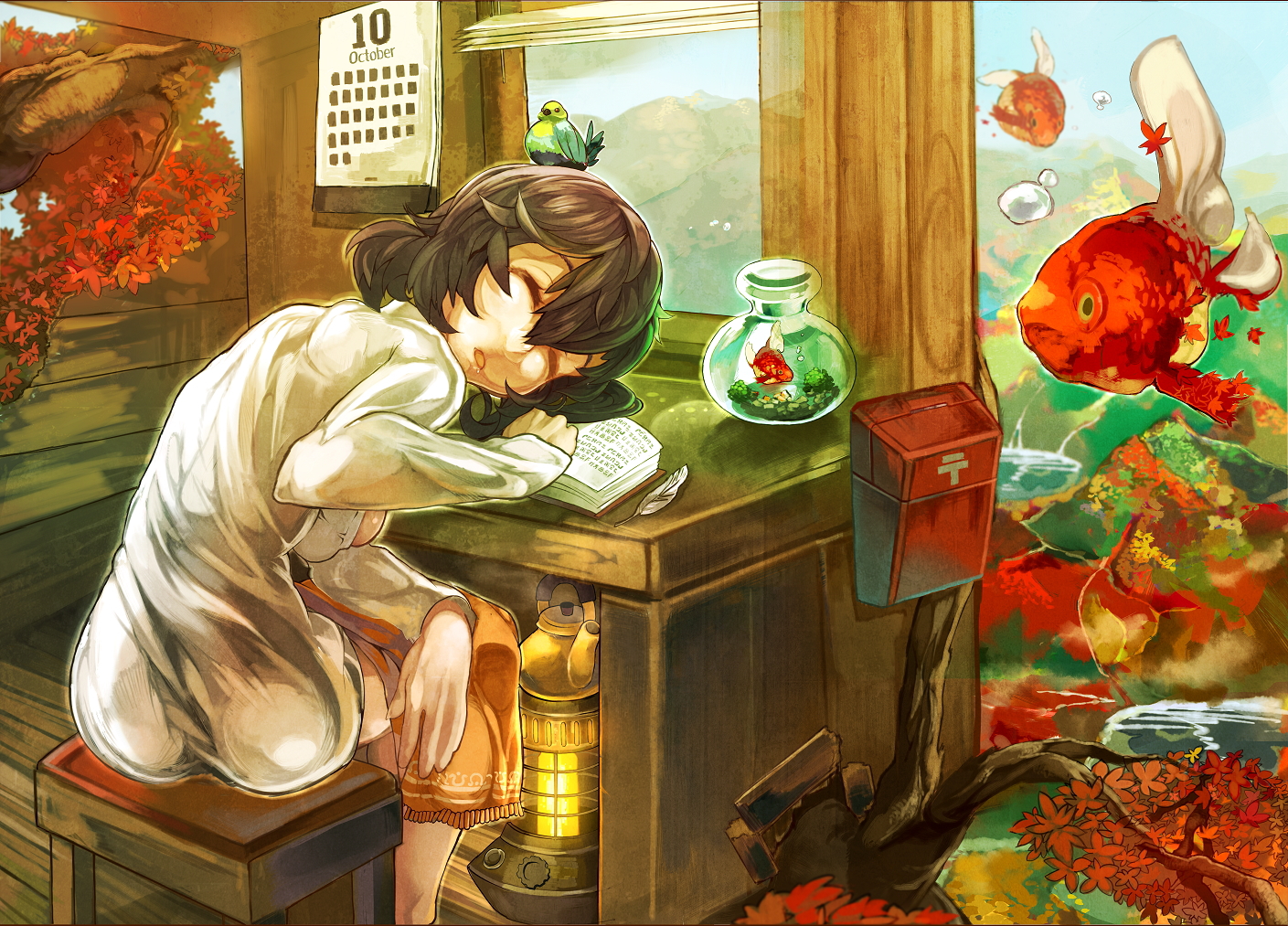 animal, autumn, bird, book, brown_hair, fish, himuro, leaves