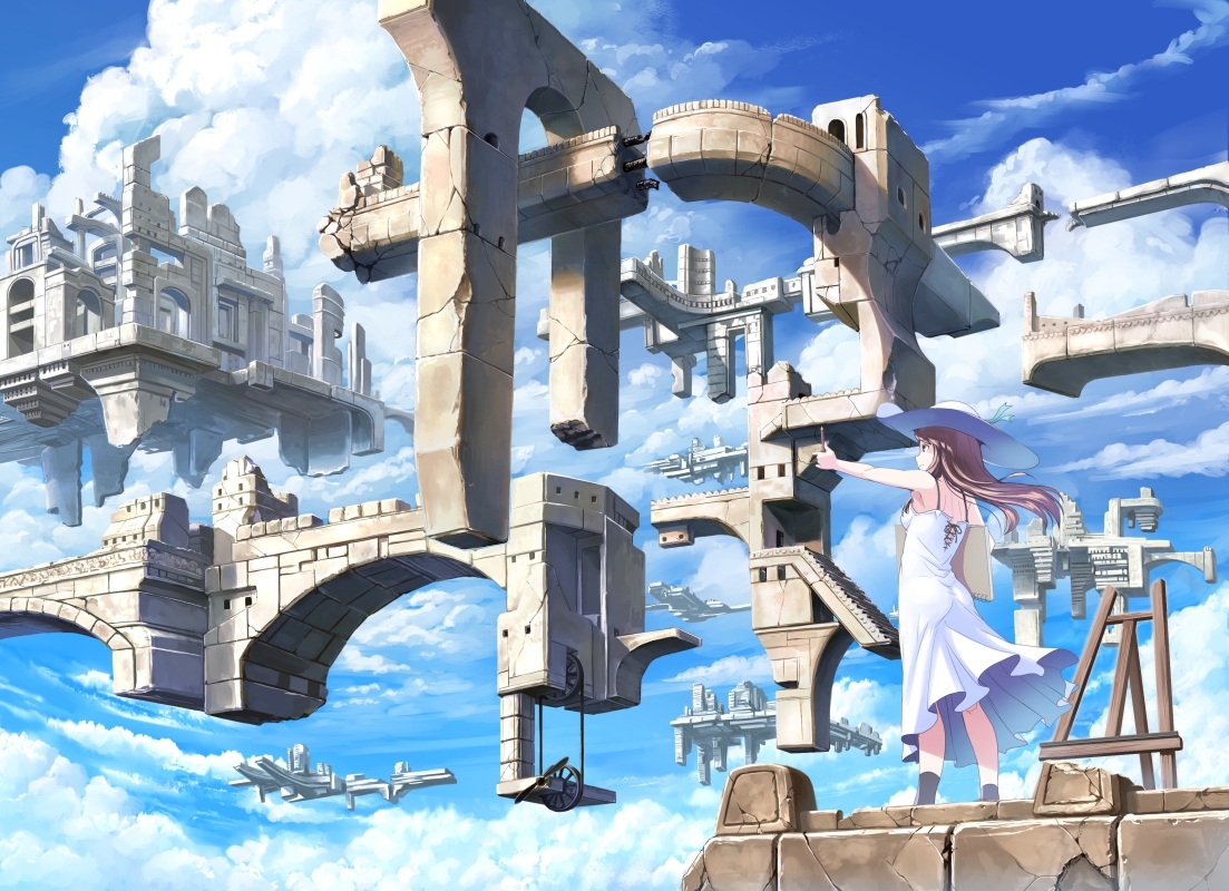 brown_eyes, brown_hair, clouds, dress, hat, hi-ho-, long_hair, original, sky