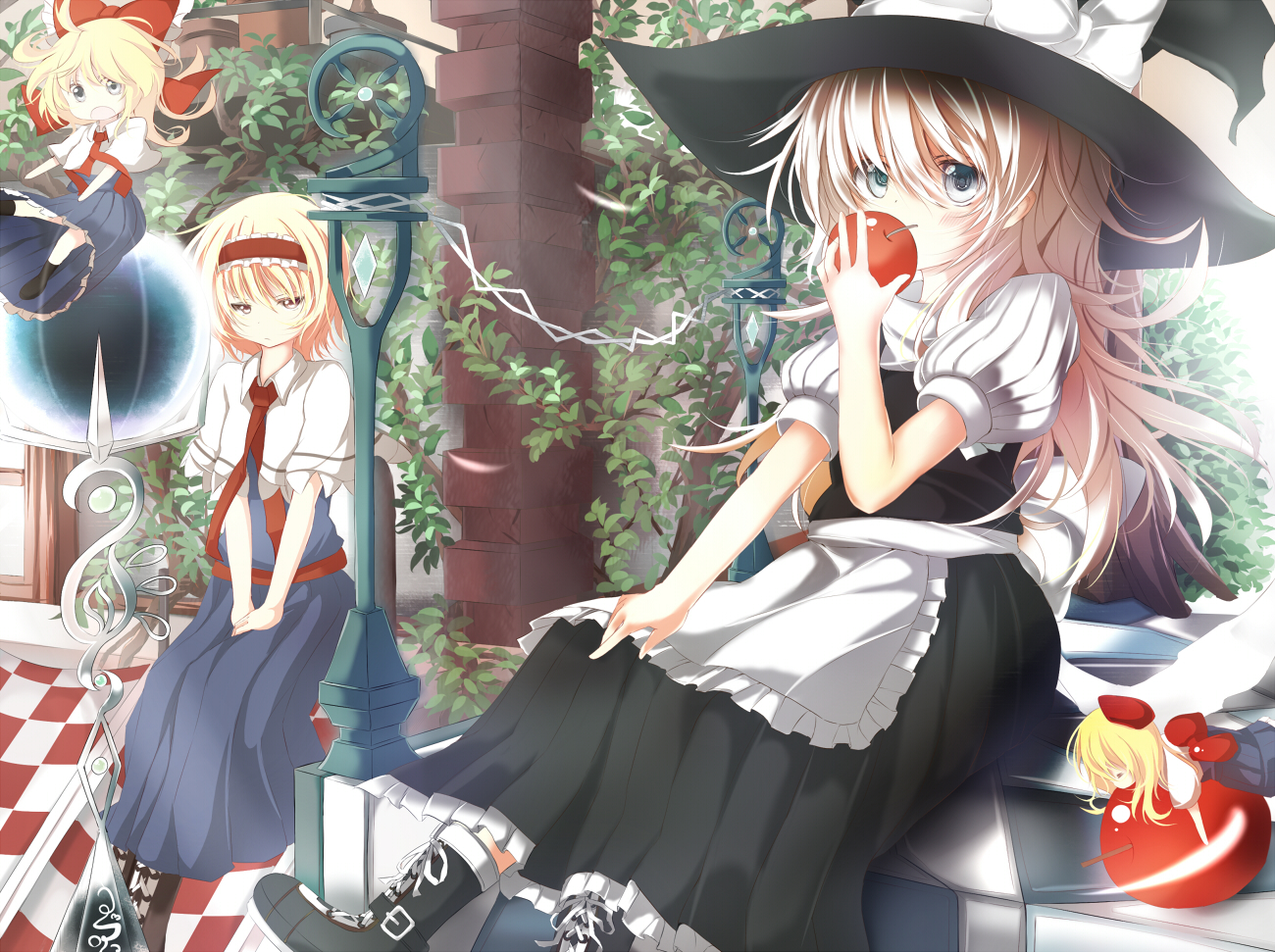 alice_margatroid, apple, apron, blonde_hair, bow, doll, dress, food