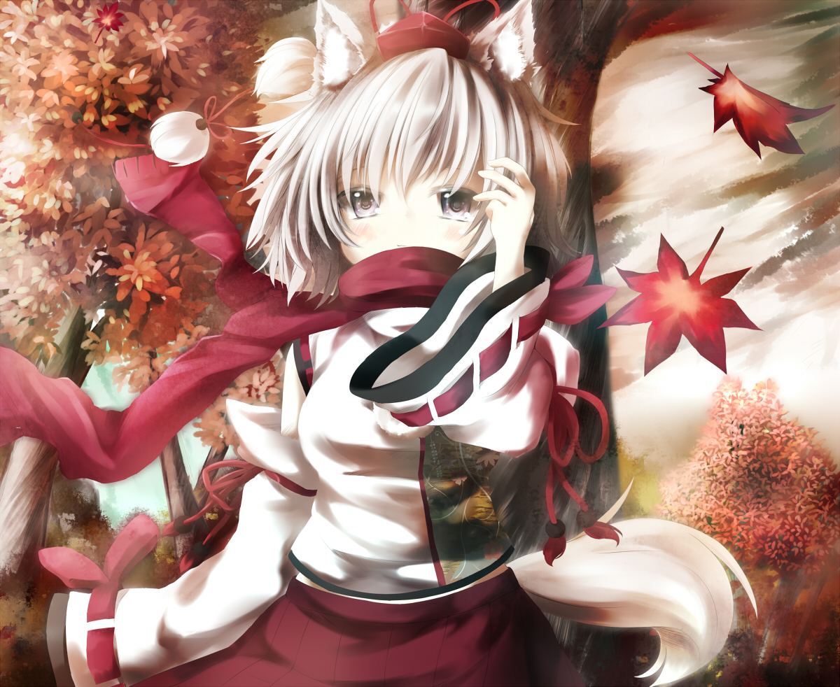 animal_ears, autumn, forest, gray_eyes, hat, inubashiri_momiji, leaves, scarf, short_hair, skirt, tail, touhou, tree, umagenzin, white_hair, wolfgirl