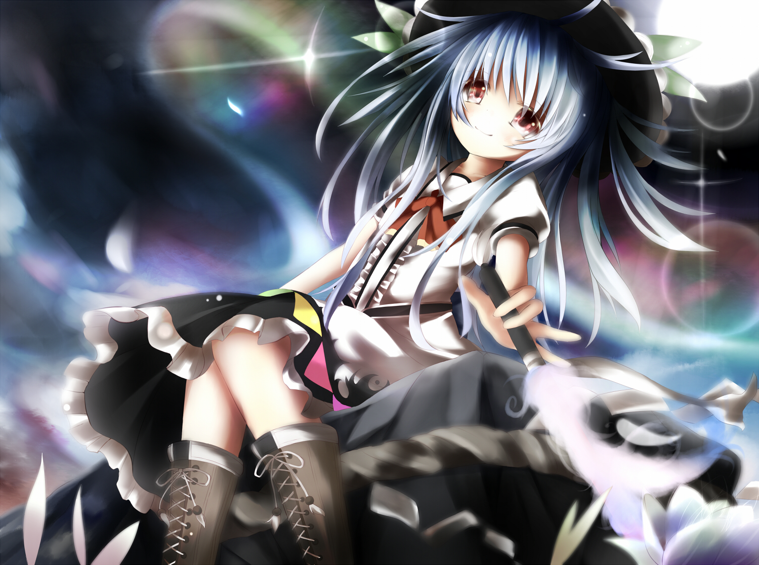 blue_hair, boots, dress, hat, hinanawi_tenshi, long_hair, red_eyes, skirt