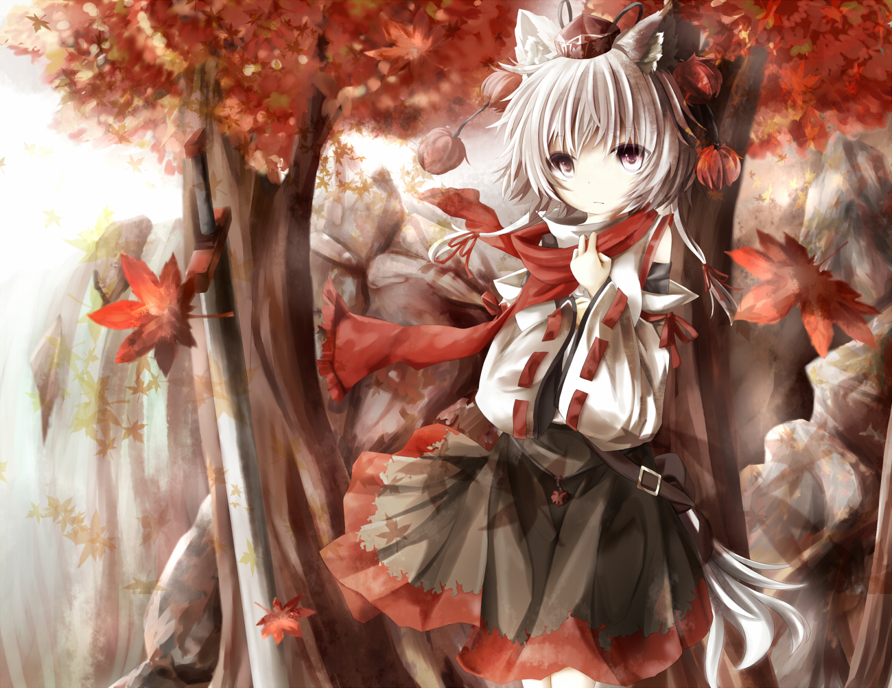 animal_ears, autumn, gray_hair, hat, inubashiri_momiji, leaves, purple_eyes, short_hair, skirt, sword, tail, touhou, tree, umagenzin, water, waterfall, weapon, wolfgirl