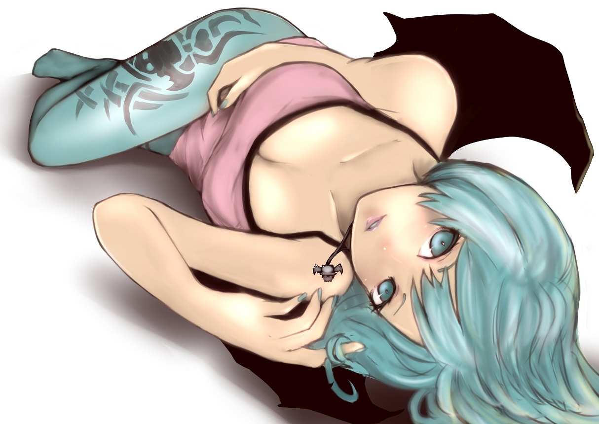 aqua_eyes, aqua_hair, breasts, cleavage, darkstalkers, demon, morrigan_aensland, succubus, white, wings