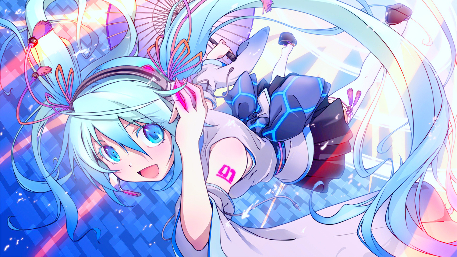 blue_eyes, blue_hair, bow, duplicate, hatsune_miku, headphones, jpeg_artifacts, long_hair, microphone, sakura_(artist), skirt, thighhighs, third-party_edit, twintails, umbrella, vocaloid