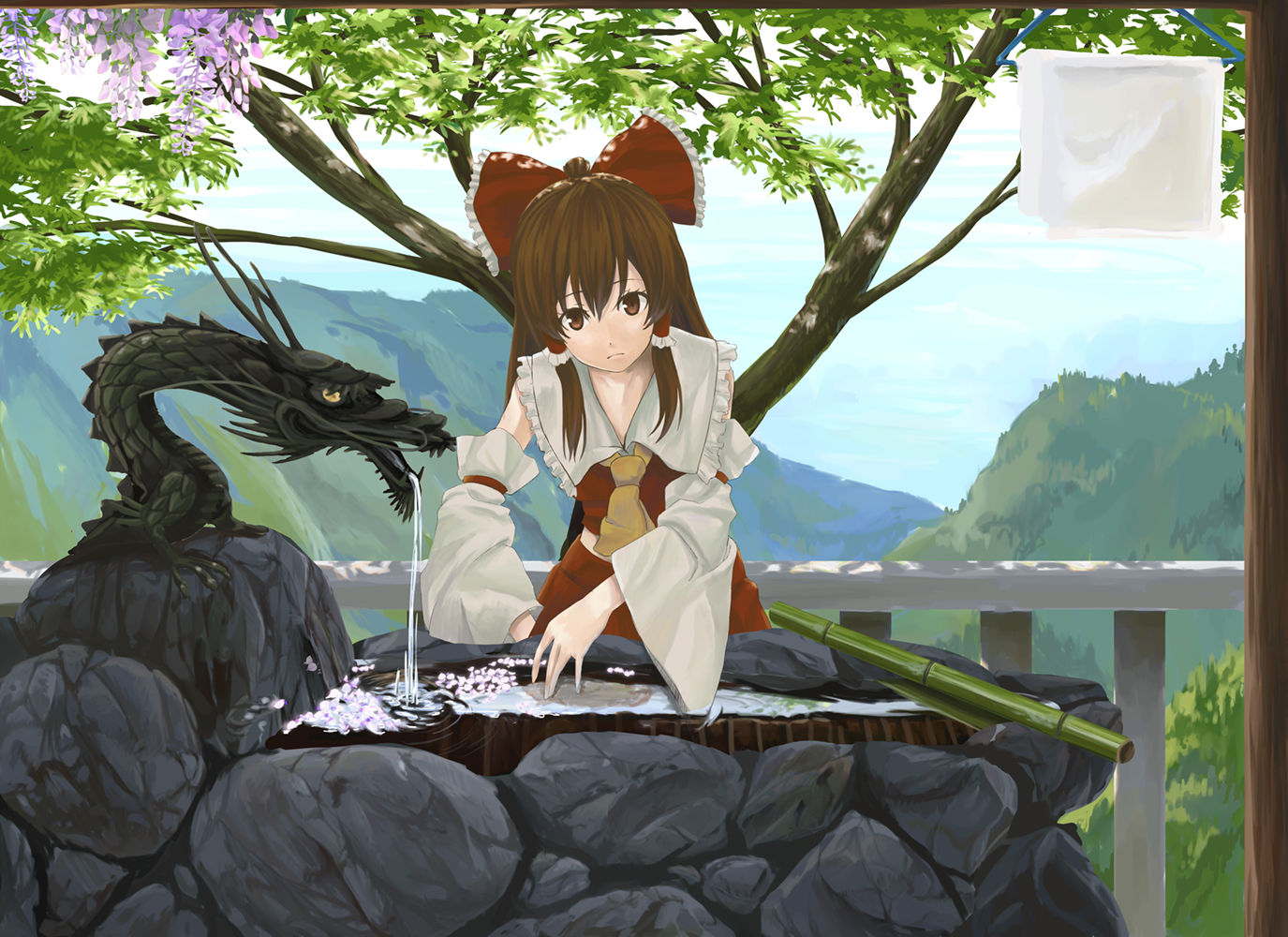 bow, brown_eyes, brown_hair, hakurei_reimu, japanese_clothes, kinoto_(ruindivinity), long_hair, miko, touhou, tree, water